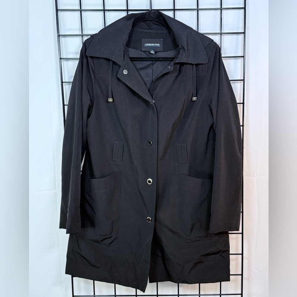 London Fog Trench Coat Womens M Black‎ Hooded Casual Minimalist Monochrome